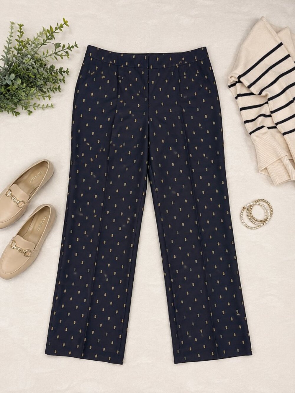 Talbots Size 12 Navy Gold Print Straight Leg Dress Pants Cotton/Silk Blend